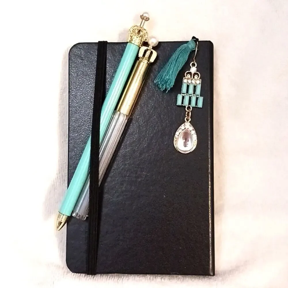 Journal Set Black‎ Hardcover Notebook Jeweled Bookmark Pencil Duo w GIFT BOX New